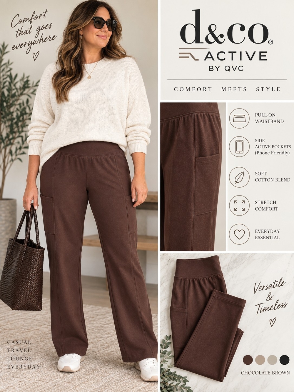 D&Co Active Brown Pull On Straight Leg Pants Side Pockets Plus Size XL